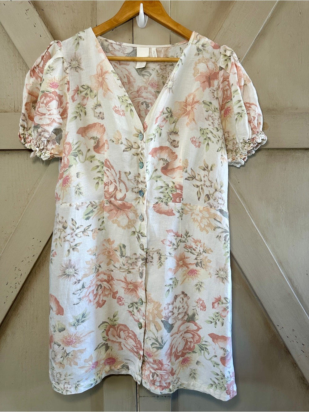 H&M Linen Blend Floral Mini Dress Puff Sleeve Button Front Women’s Large